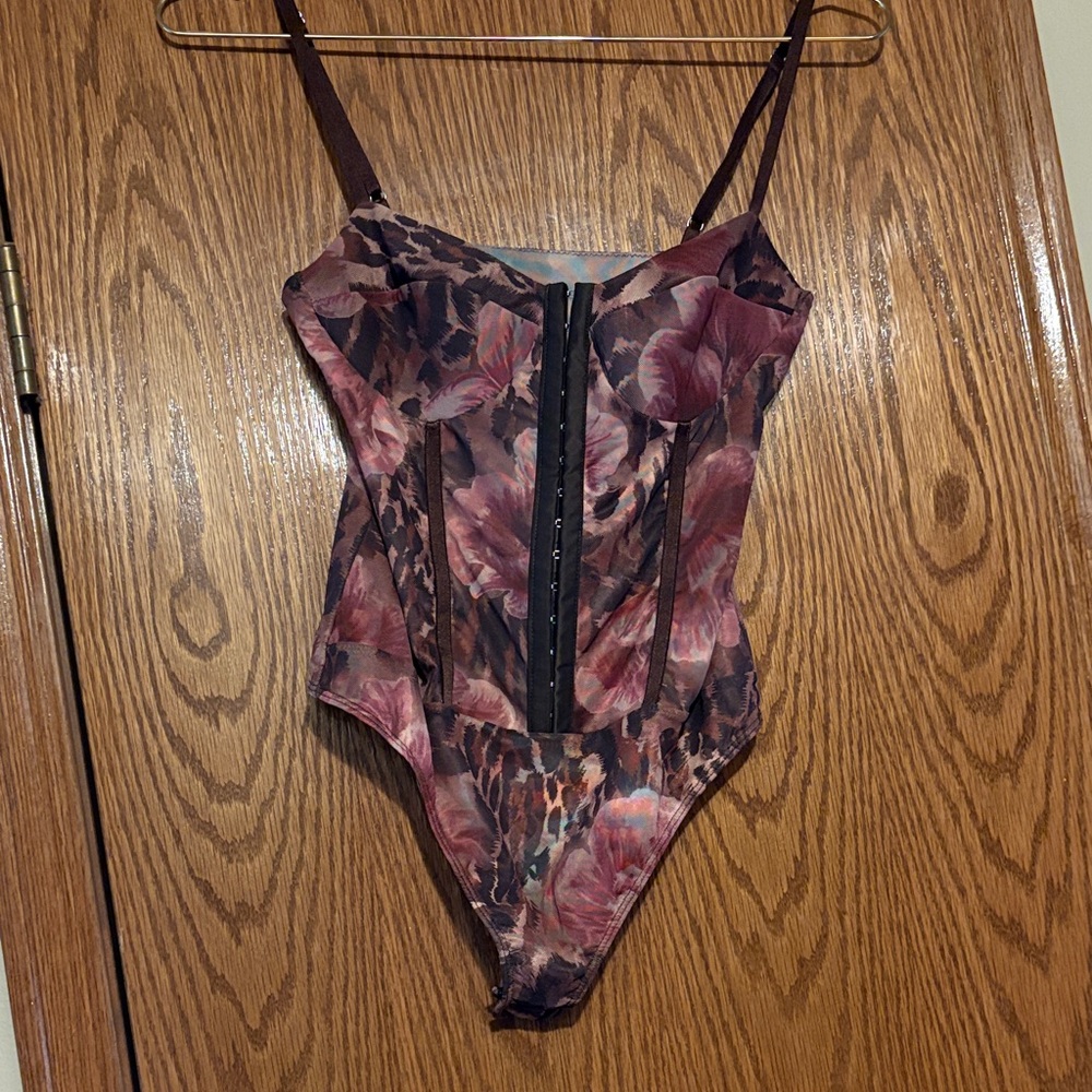 Free people Floral Mesh Corset Bodysuit in Burgundy and Black